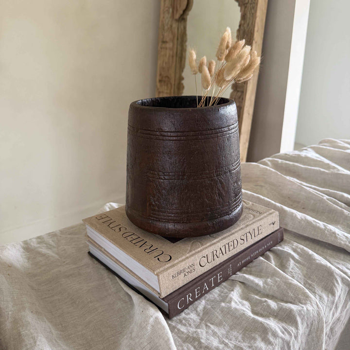 Vintage Wooden 8" Planter, Rustic Teak Pot, Antique Wooden Vase