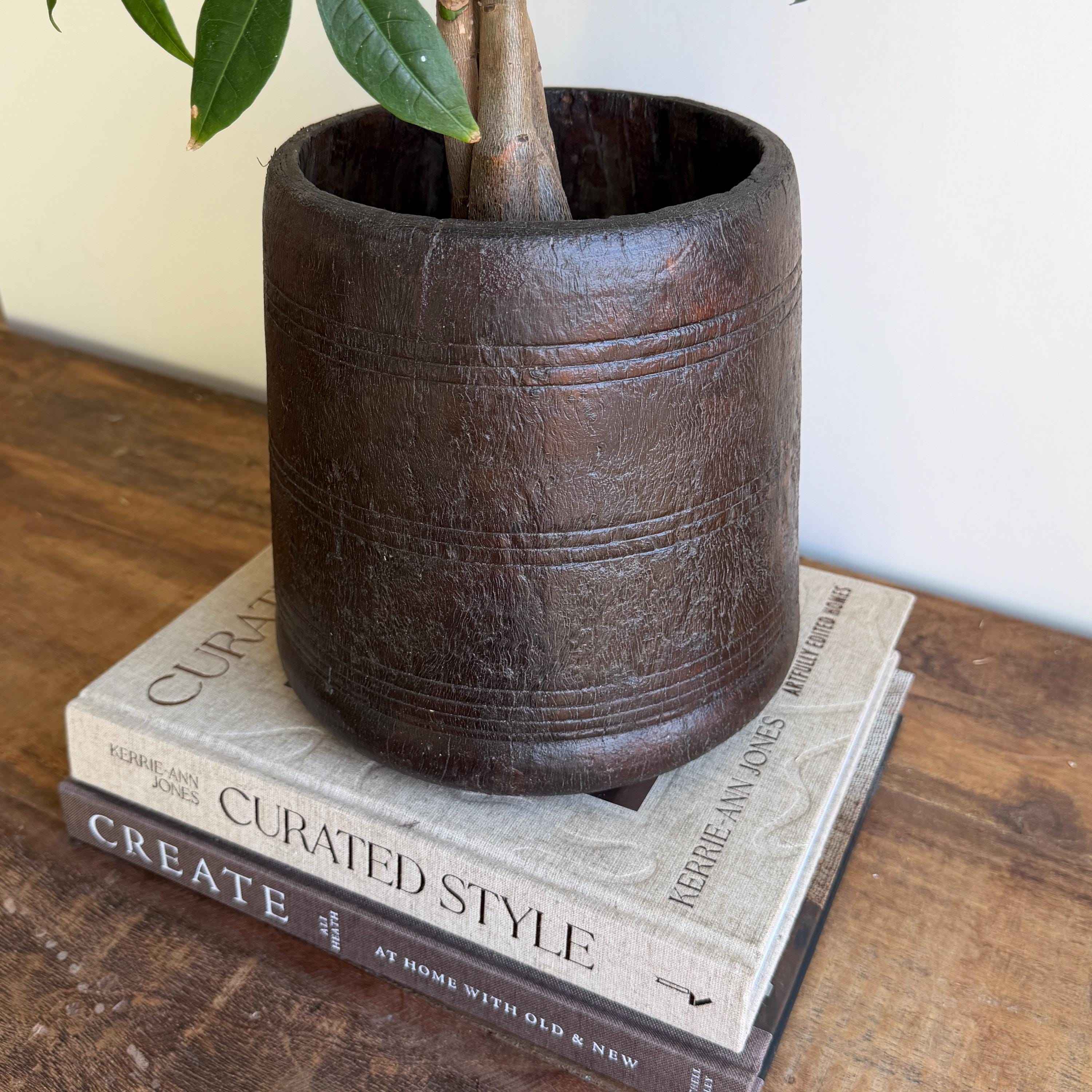 Vintage Wooden 8" Planter, Rustic Teak Pot, Antique Wooden Vase
