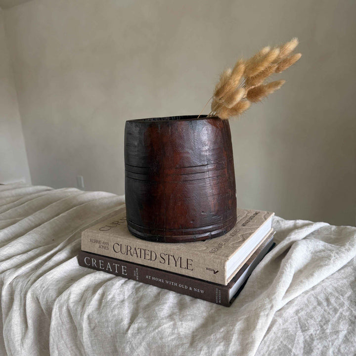 Vintage Wooden 7.5" Planter, Rustic Teak Pot, Antique Wooden Vase