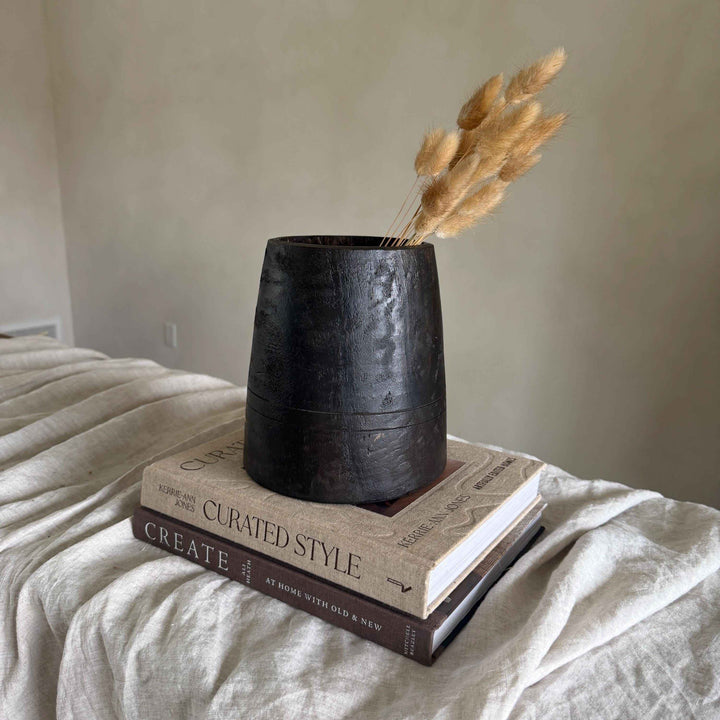 Vintage Wooden 7.5" Planter, Rustic Teak Pot, Antique Wooden Vase