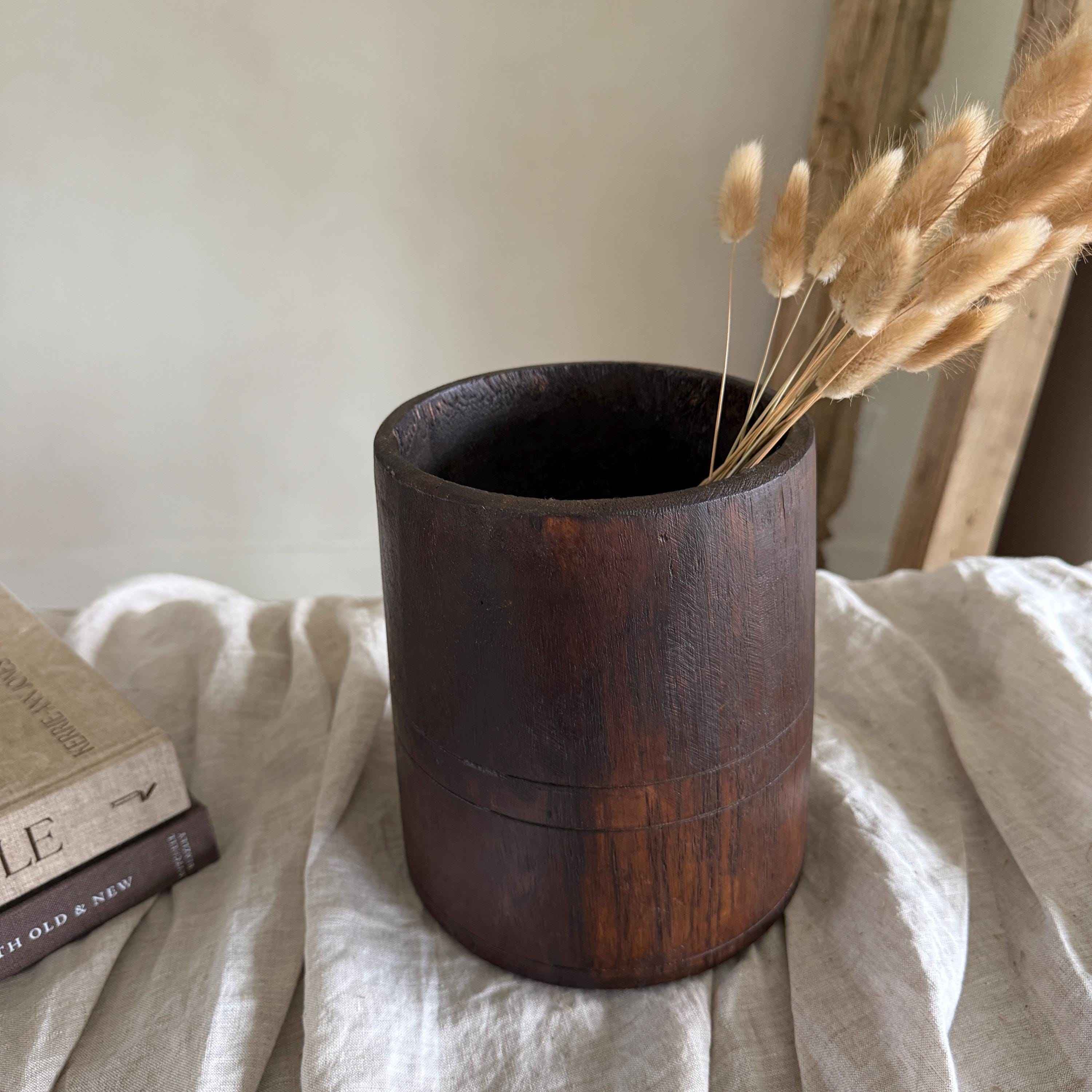 Vintage Wooden 7.5" Planter, Rustic Teak Pot, Antique Wooden Vase