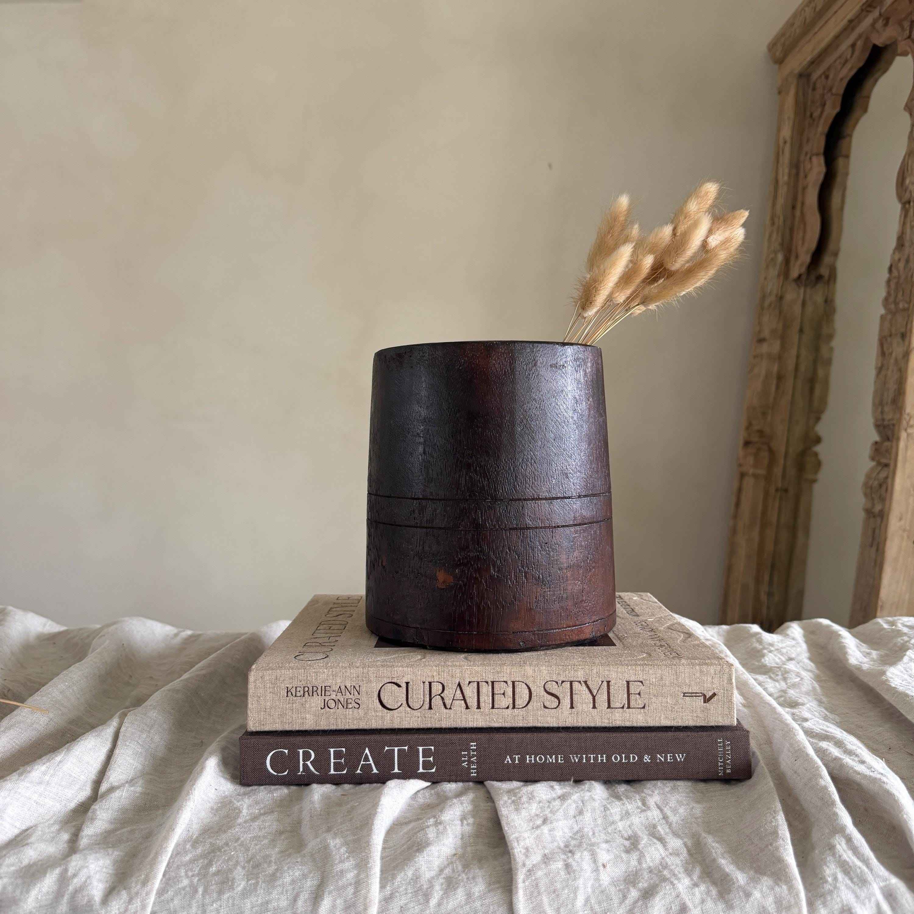 Vintage Wooden 7.5" Planter, Rustic Teak Pot, Antique Wooden Vase