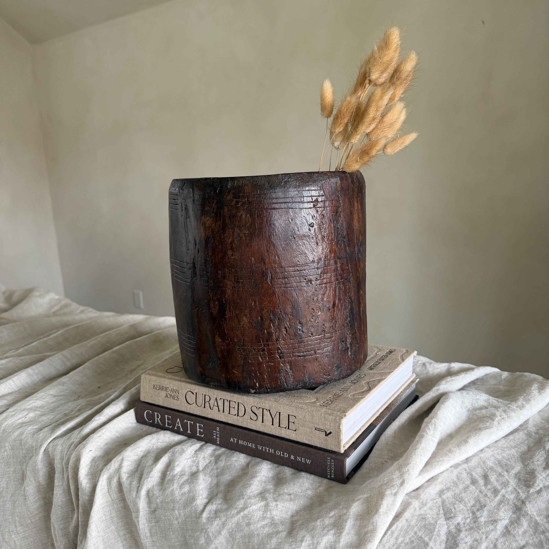 Vintage Wooden 9.5" Planter, Rustic Teak Pot, Antique Wooden Vase