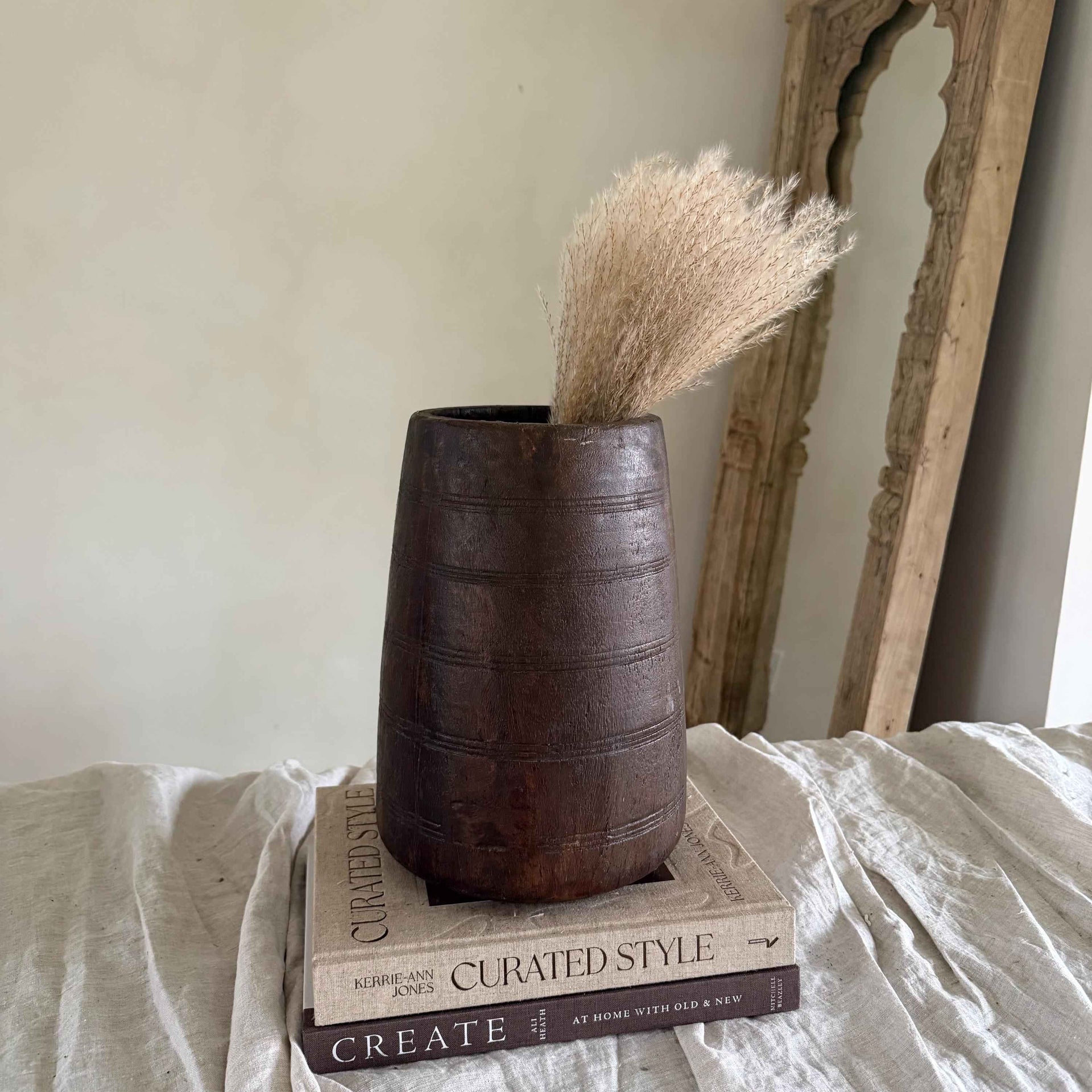 Vintage Wooden 11.5" Planter, Rustic Teak Pot, Antique Wooden Vase