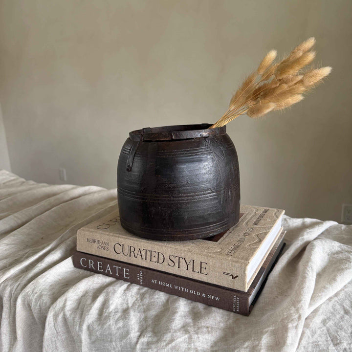 Vintage Wooden 6.2" Planter, Rustic Teak Pot, Antique Wooden Vase