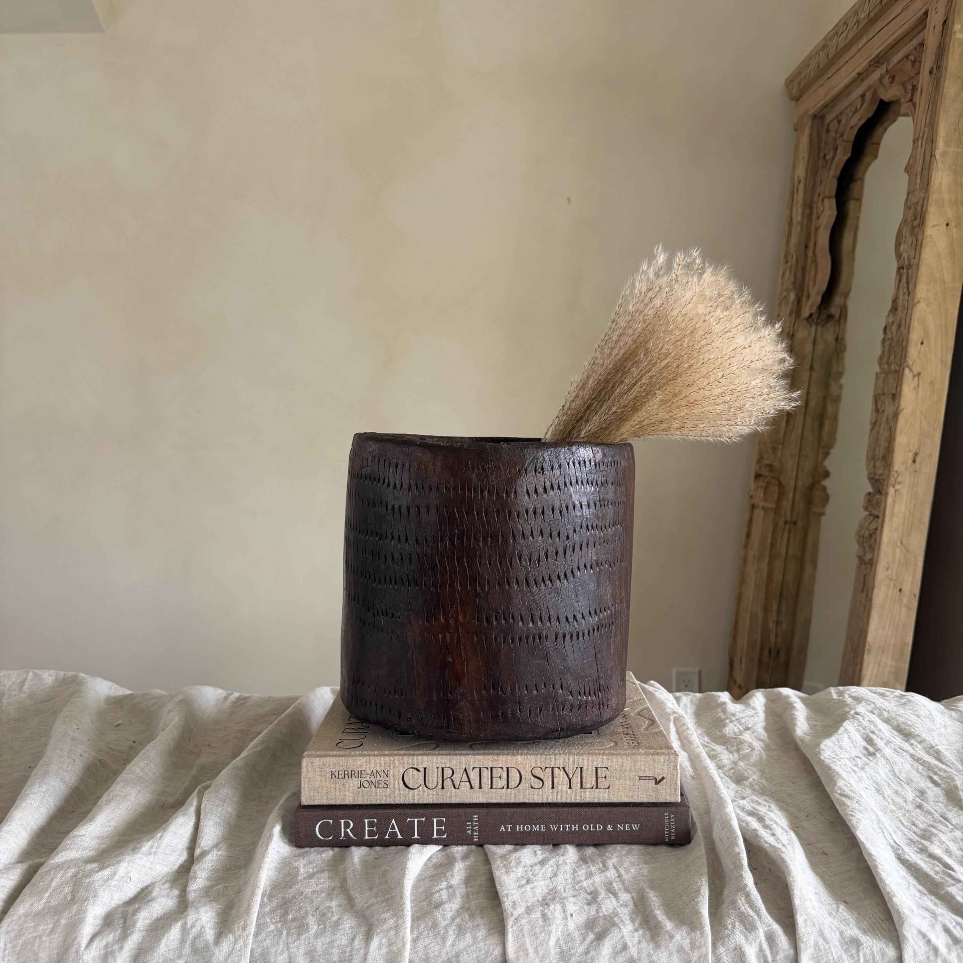 Vintage Wooden 9" Planter, Rustic Teak Pot, Antique Wooden Vase