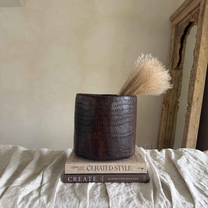 Vintage Wooden 9" Planter, Rustic Teak Pot, Antique Wooden Vase