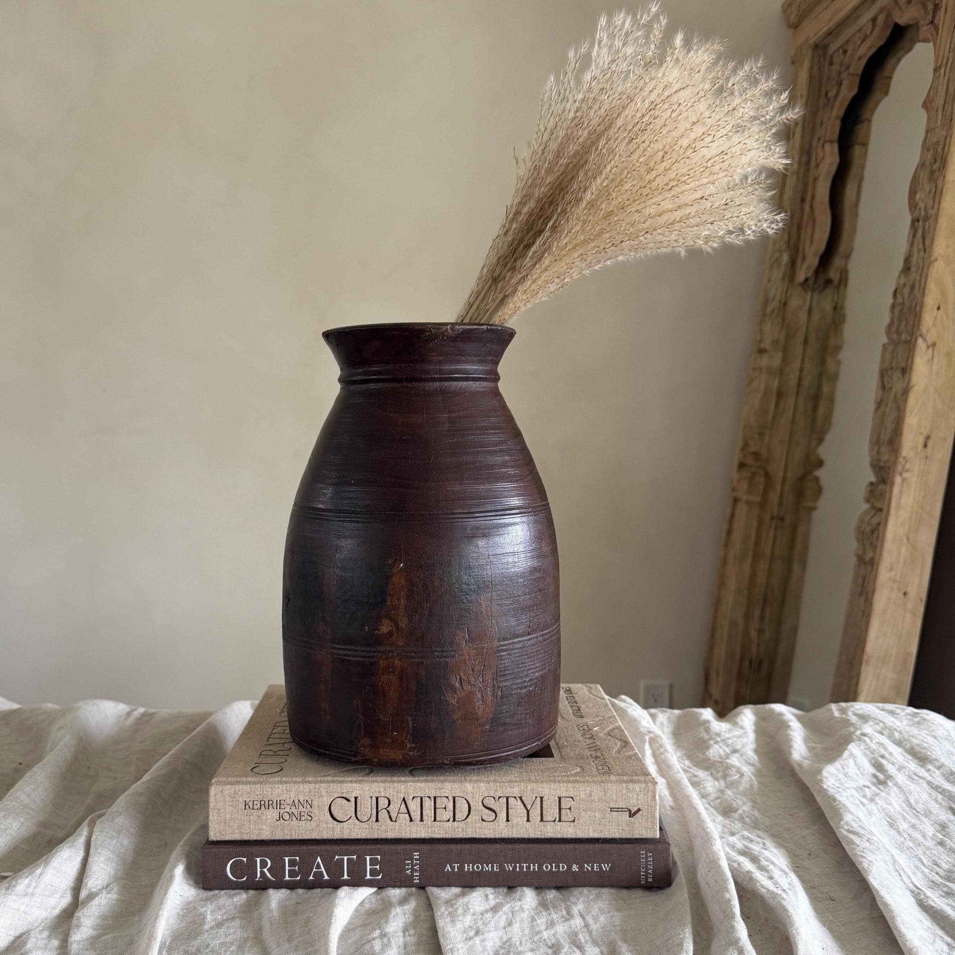 Vintage Wooden 11" Planter, Rustic Teak Pot, Antique Wooden Vase