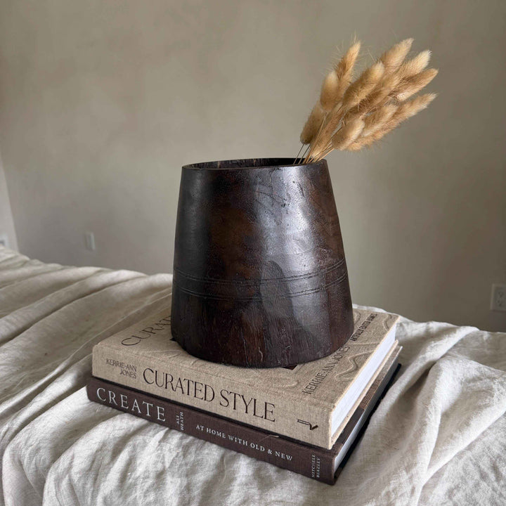 Vintage Wooden 7.5" Planter, Rustic Teak Pot, Antique Wooden Vase