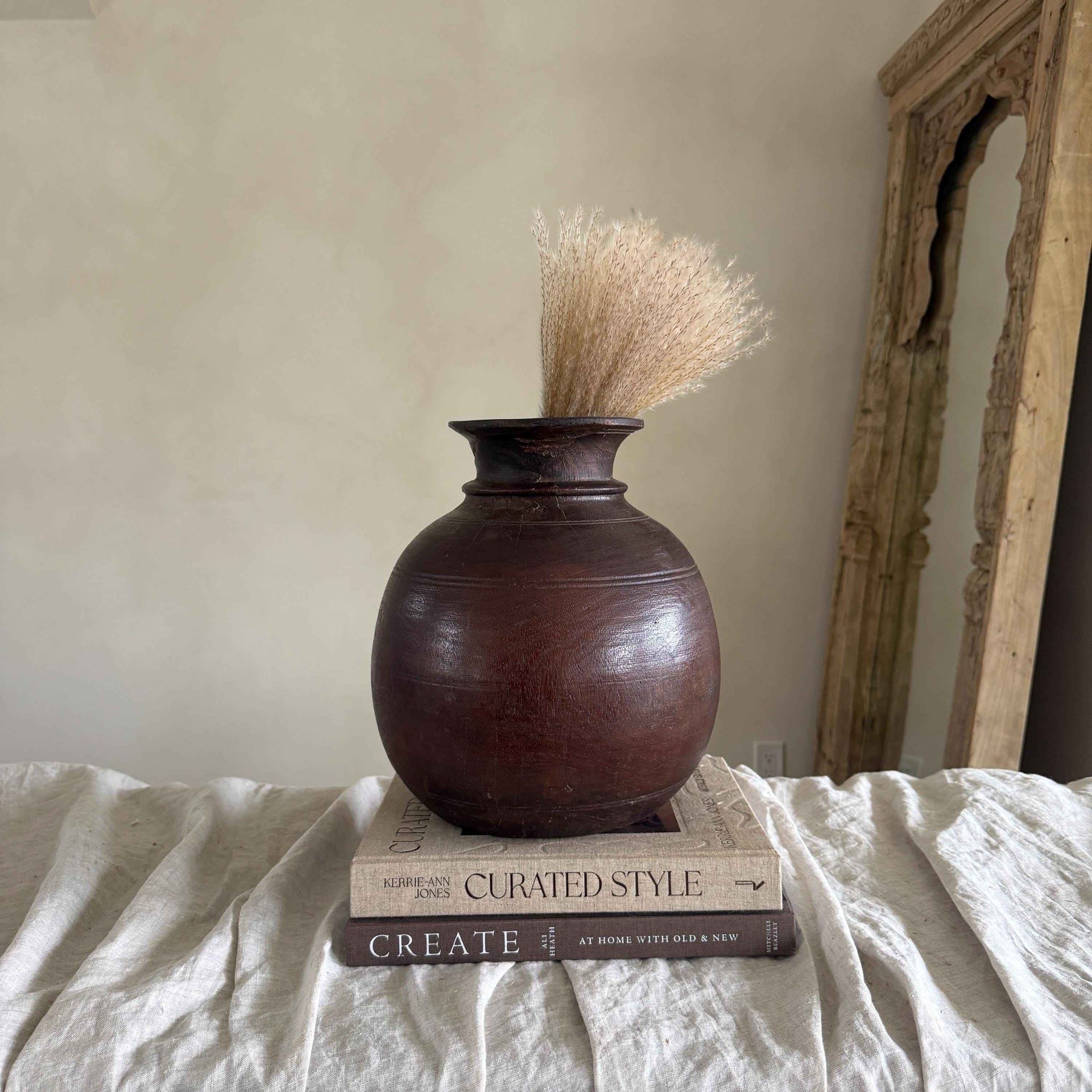 Vintage Wooden 11.5" Planter, Rustic Teak Pot, Antique Wooden Vase