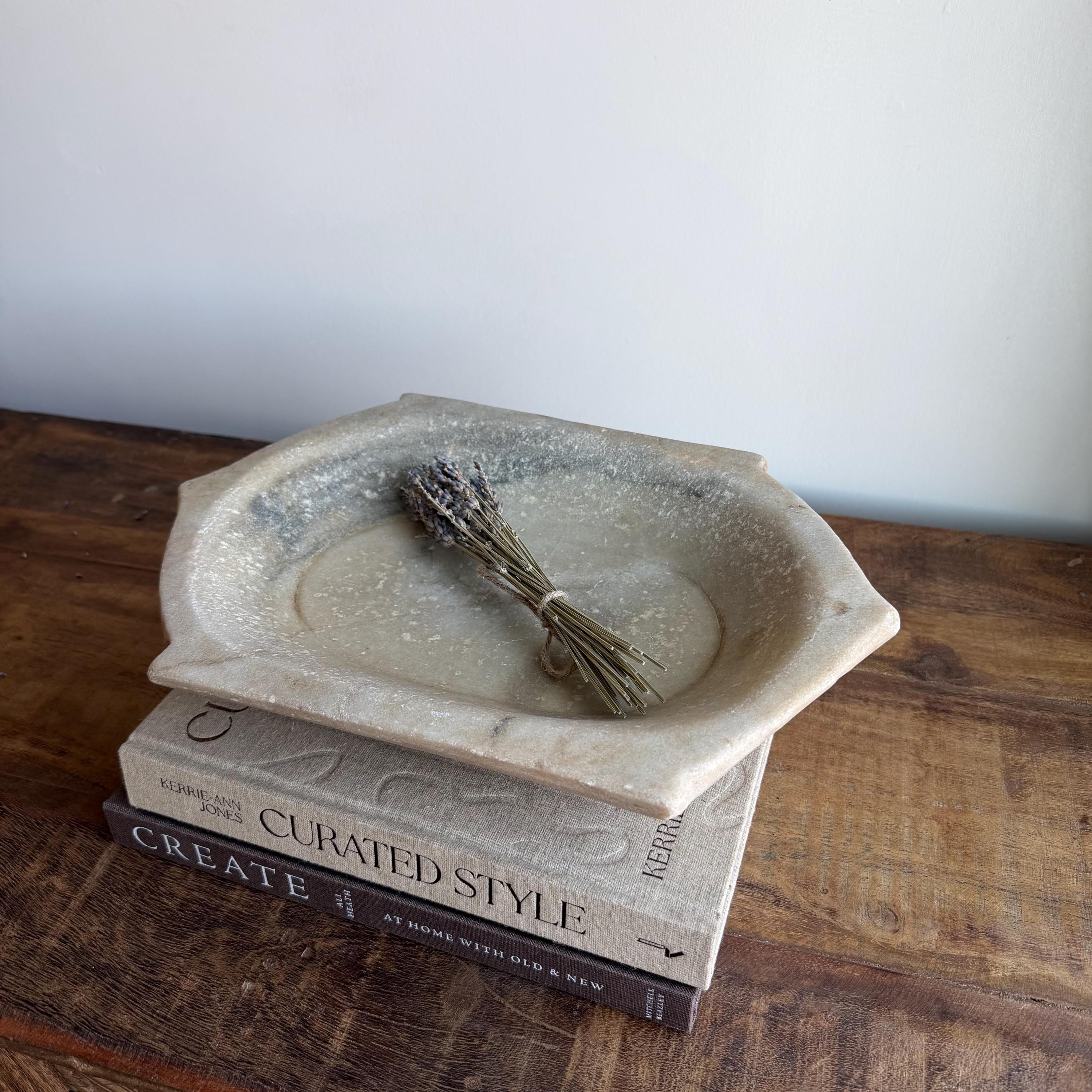 Vintage Marble Kharal Stone Tray, Antique Limestone Carved Oval Tray, Primitive Marble Centerpiece - Project Kalaā