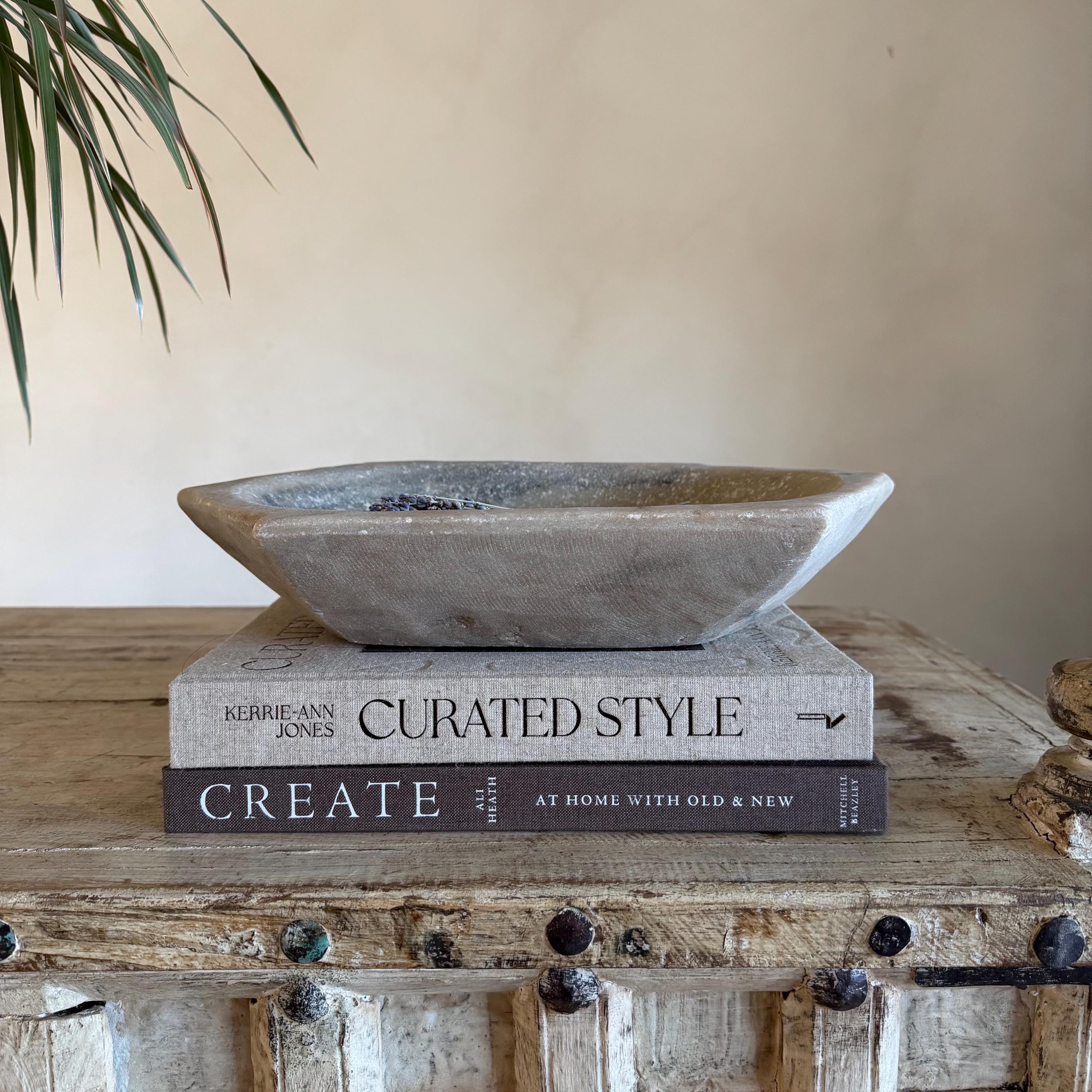 Vintage Marble Kharal Stone Tray, Antique Limestone Carved Oval Tray, Primitive Marble Centerpiece - Project Kalaā