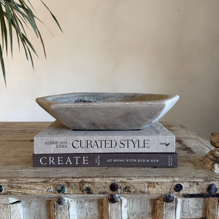 Vintage Marble Kharal Stone Tray, Antique Limestone Carved Oval Tray, Primitive Marble Centerpiece - Project Kalaā