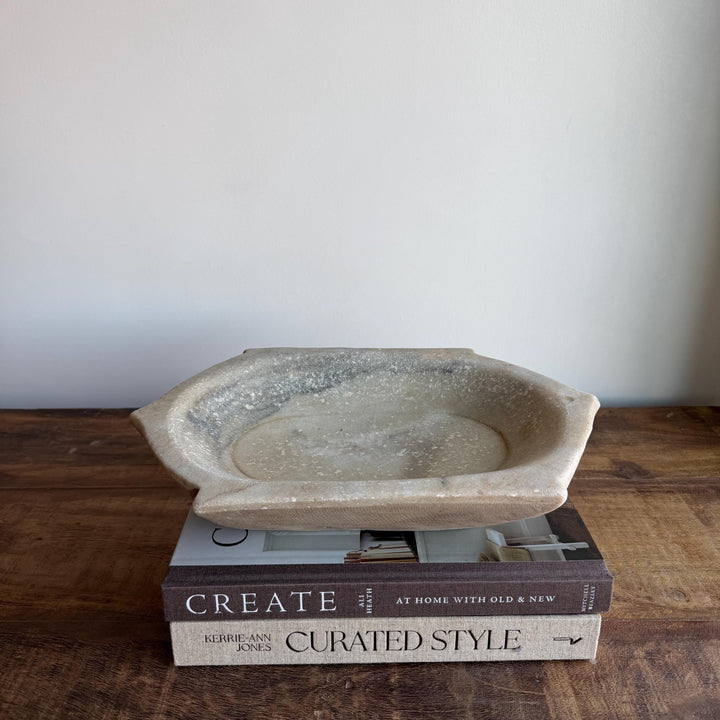 Vintage Marble Kharal Stone Tray, Antique Limestone Carved Oval Tray, Primitive Marble Centerpiece - Project Kalaā