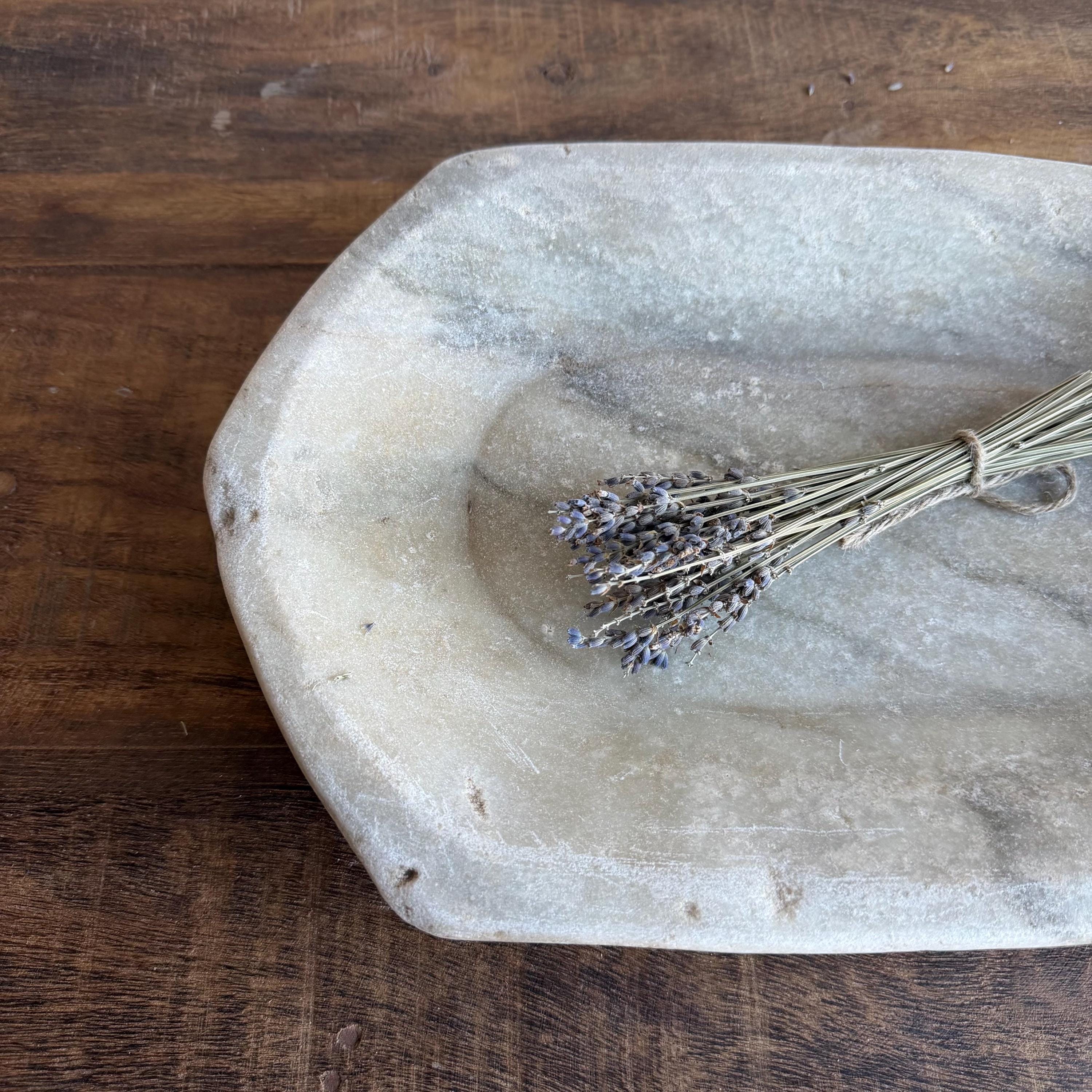 Vintage Marble Kharal Stone Tray, Antique Limestone Carved Oval Tray, Primitive Marble Centerpiece - Project Kalaā
