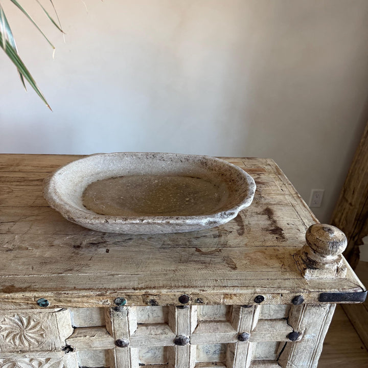 Vintage Marble Kharal Stone Tray, Antique Limestone Carved Oval Tray, Primitive Marble Centerpiece - Project Kalaā