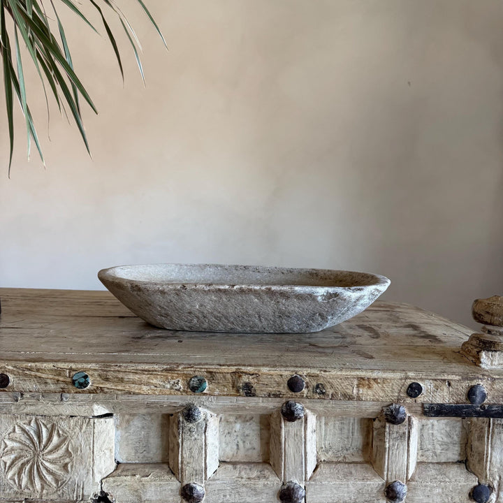 Vintage Marble Kharal Stone Tray, Antique Limestone Carved Oval Tray, Primitive Marble Centerpiece - Project Kalaā