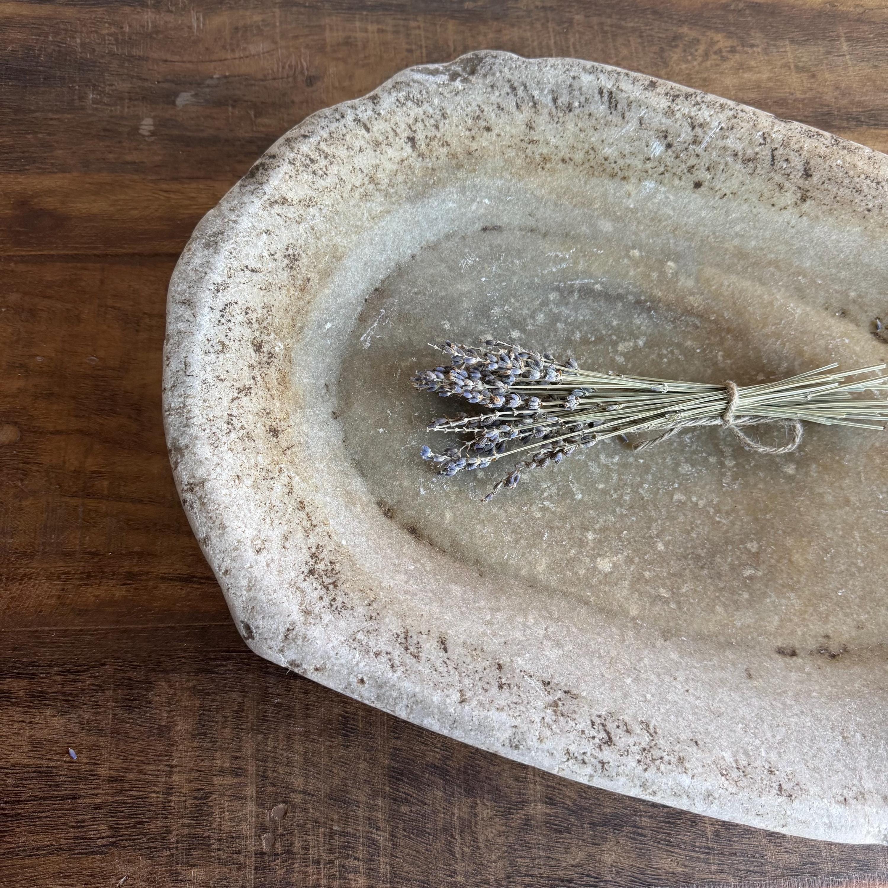 Vintage Marble Kharal Stone Tray, Antique Limestone Carved Oval Tray, Primitive Marble Centerpiece - Project Kalaā