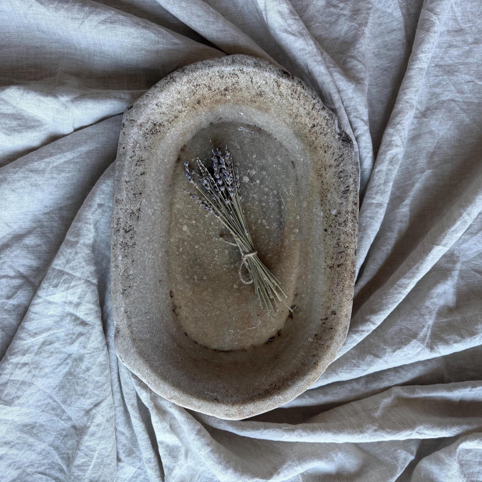 Vintage Marble Kharal Stone Tray, Antique Limestone Carved Oval Tray, Primitive Marble Centerpiece - Project Kalaā