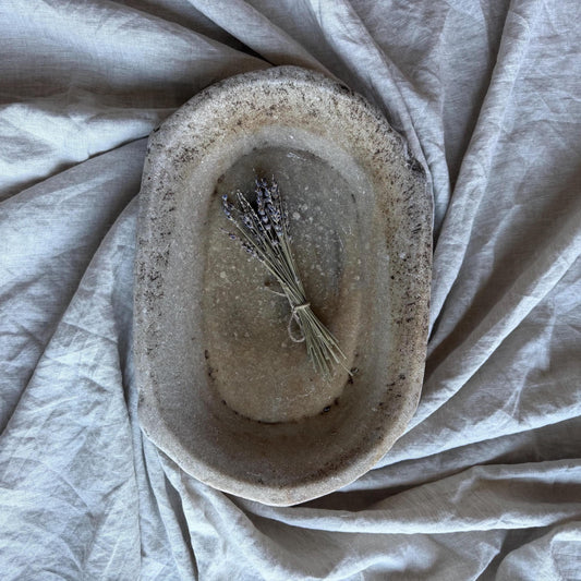 Vintage Marble Kharal Stone Tray, Antique Limestone Carved Oval Tray, Primitive Marble Centerpiece - Project Kalaā