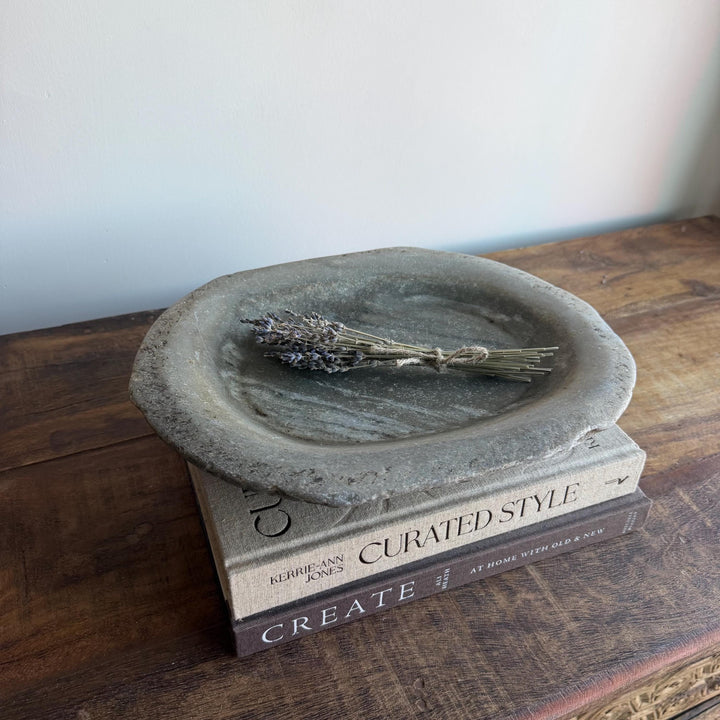 Vintage Marble Kharal Stone Tray, Antique Limestone Carved Oval Tray, Primitive Marble Centerpiece - Project Kalaā