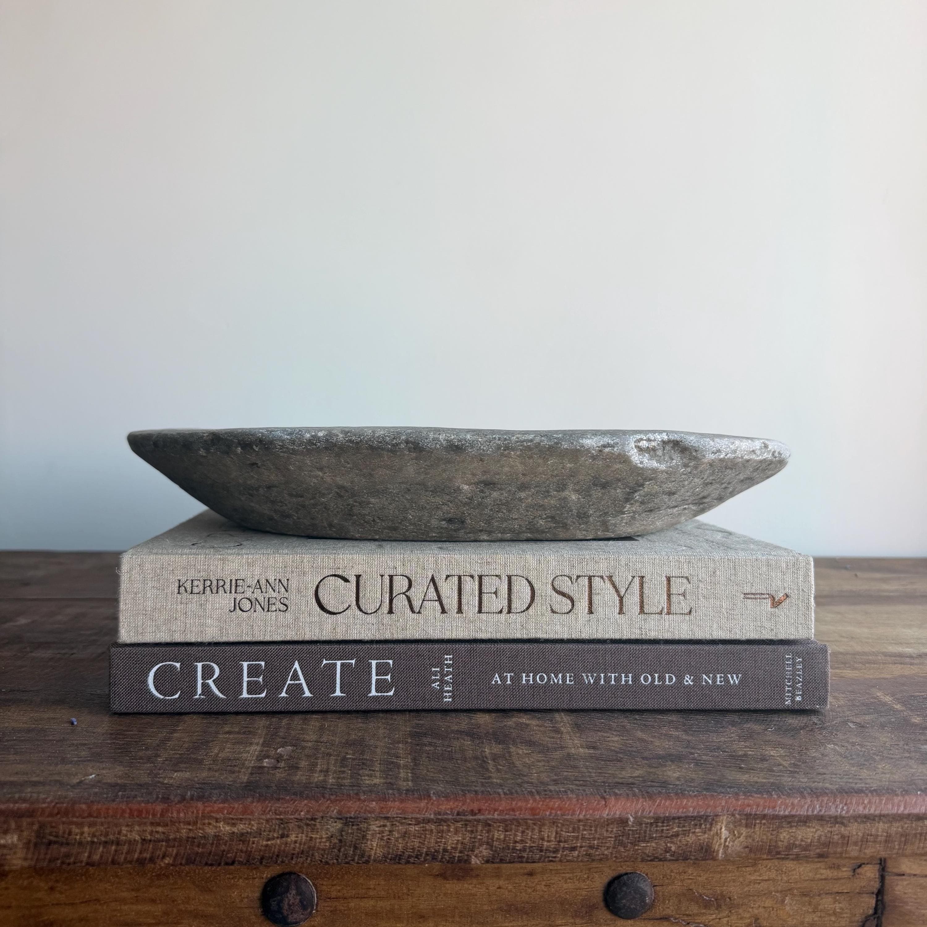 Vintage Marble Kharal Stone Tray, Antique Limestone Carved Oval Tray, Primitive Marble Centerpiece - Project Kalaā