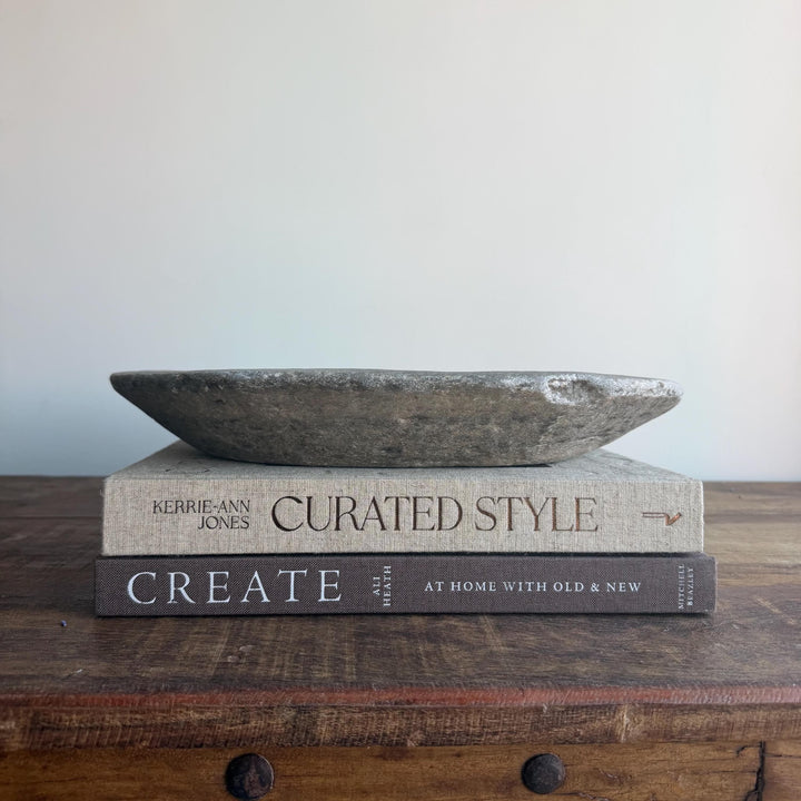Vintage Marble Kharal Stone Tray, Antique Limestone Carved Oval Tray, Primitive Marble Centerpiece - Project Kalaā