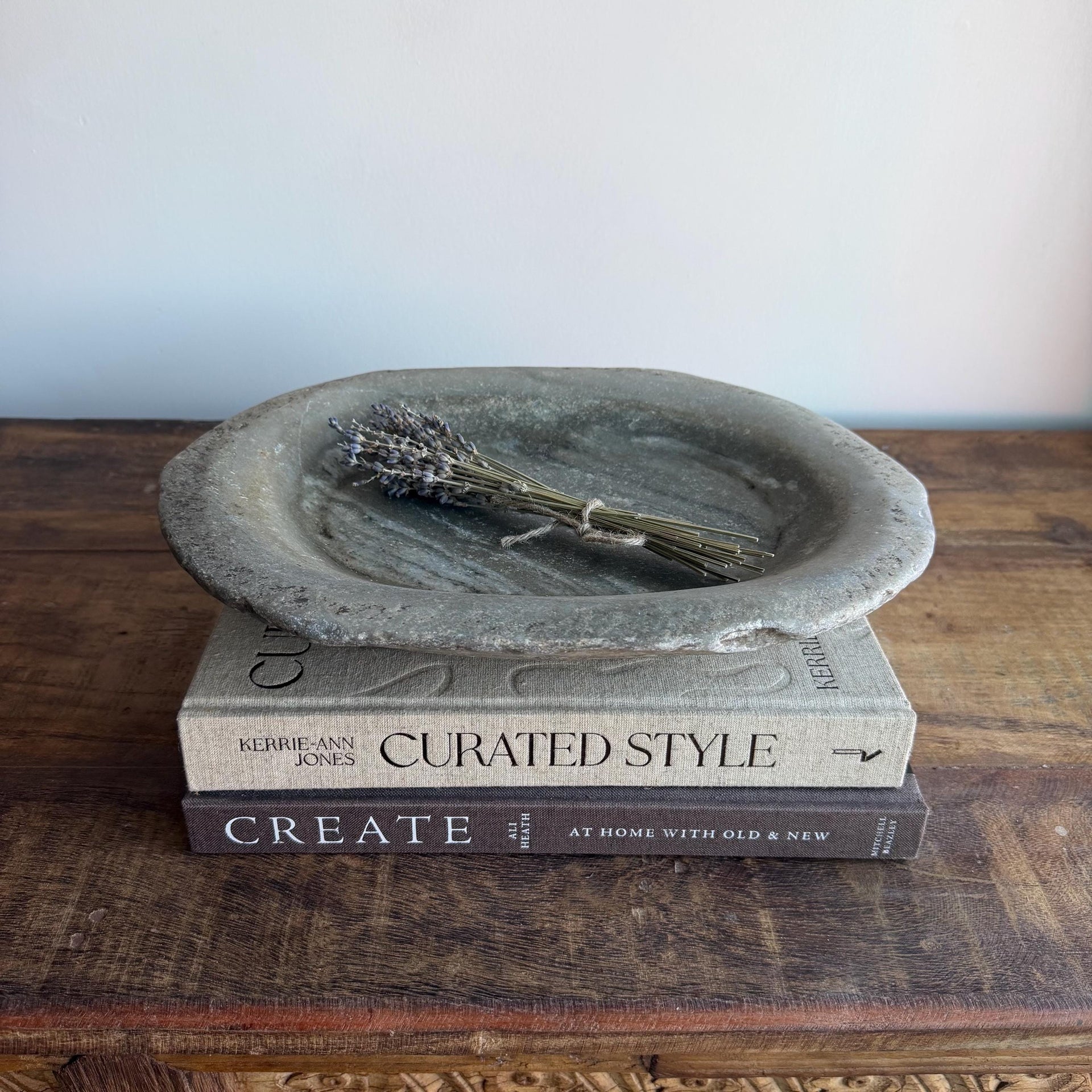 Vintage Marble Kharal Stone Tray, Antique Limestone Carved Oval Tray, Primitive Marble Centerpiece - Project Kalaā