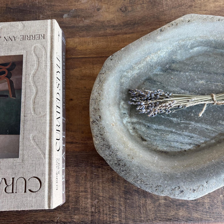 Vintage Marble Kharal Stone Tray, Antique Limestone Carved Oval Tray, Primitive Marble Centerpiece - Project Kalaā