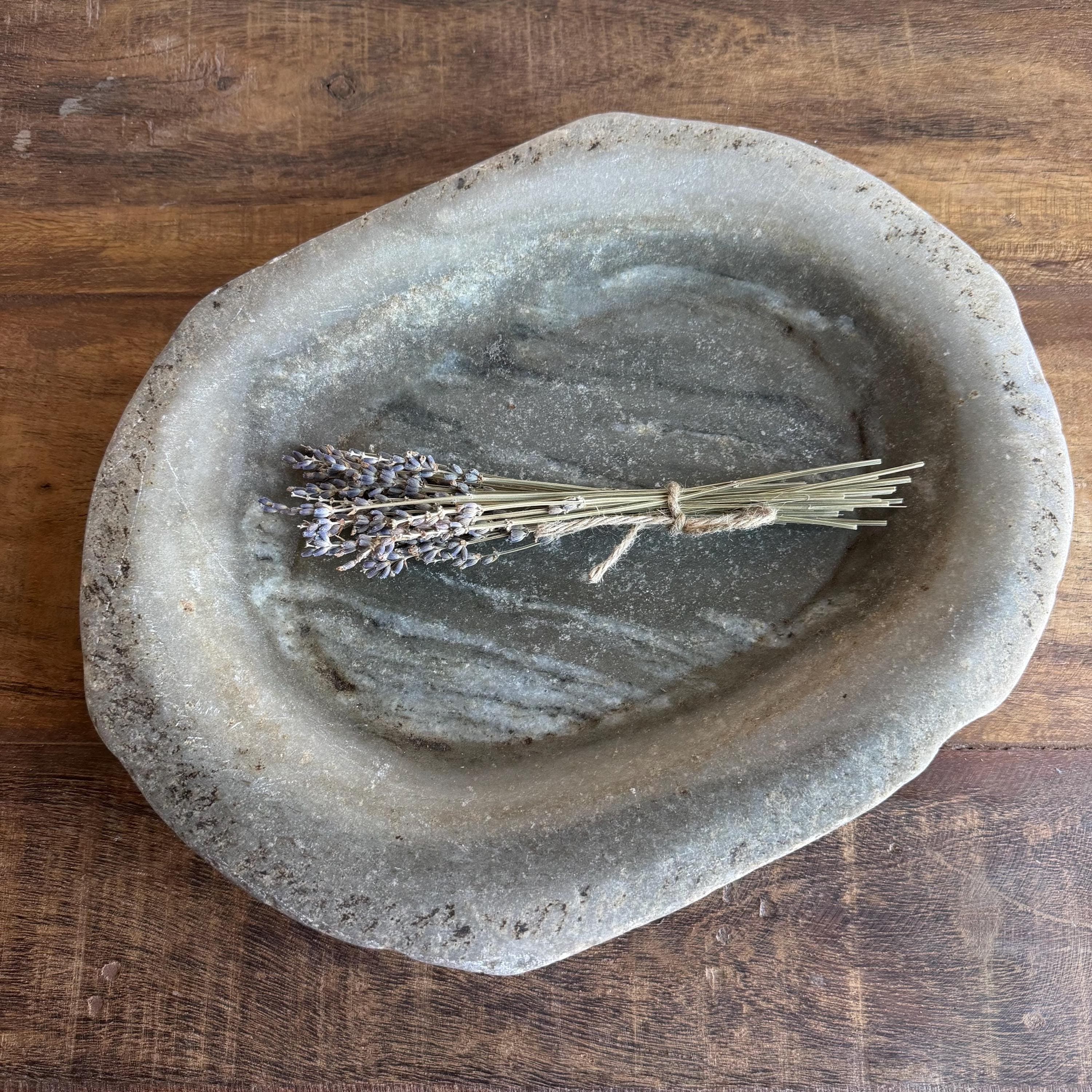Vintage Marble Kharal Stone Tray, Antique Limestone Carved Oval Tray, Primitive Marble Centerpiece - Project Kalaā