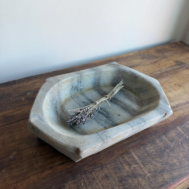 Vintage Marble Kharal Stone Tray, Antique Limestone Carved Oval Tray, Primitive Marble Centerpiece - Project Kalaā