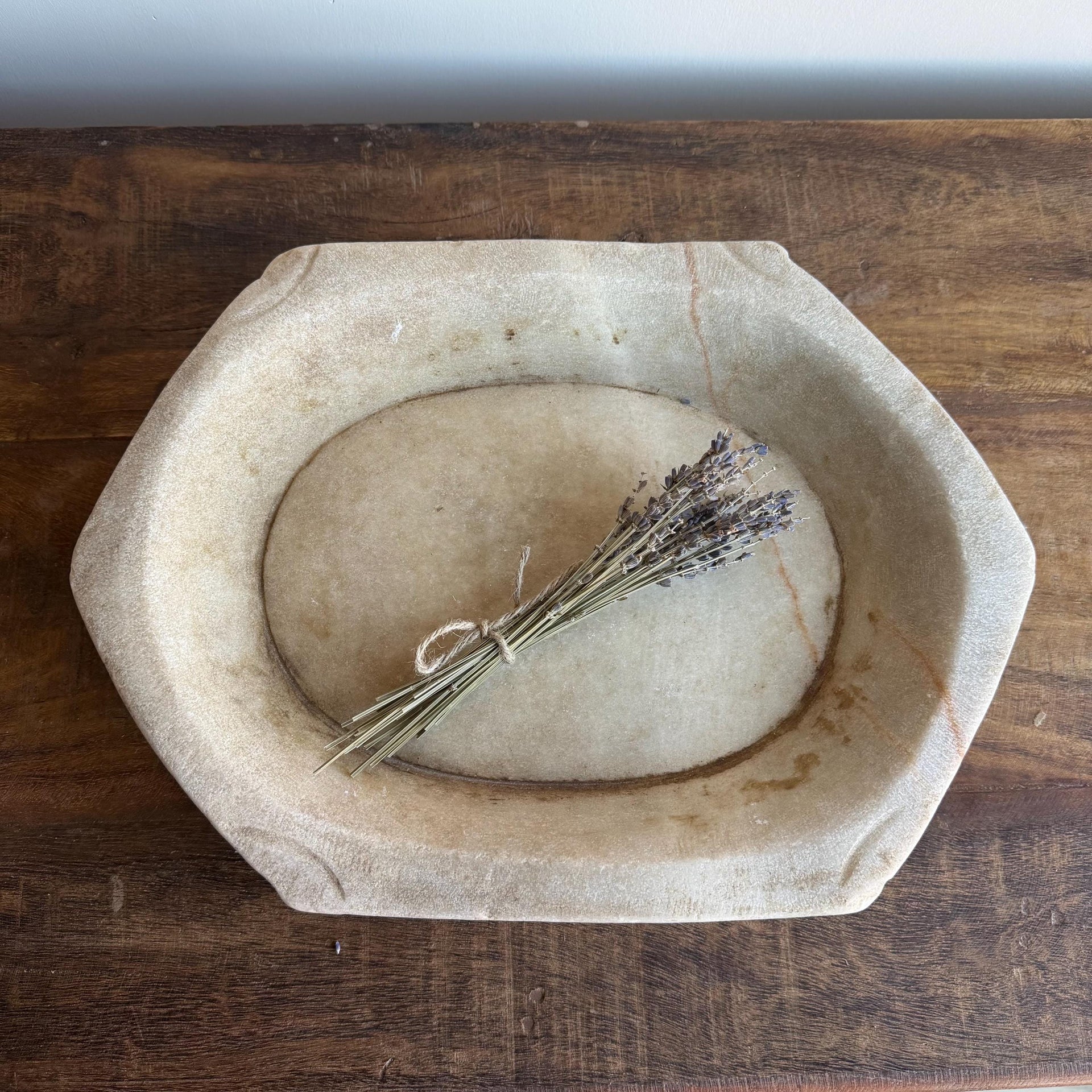 Vintage Marble Kharal Stone Tray, Antique Limestone Carved Oval Tray, Primitive Marble Centerpiece - Project Kalaā