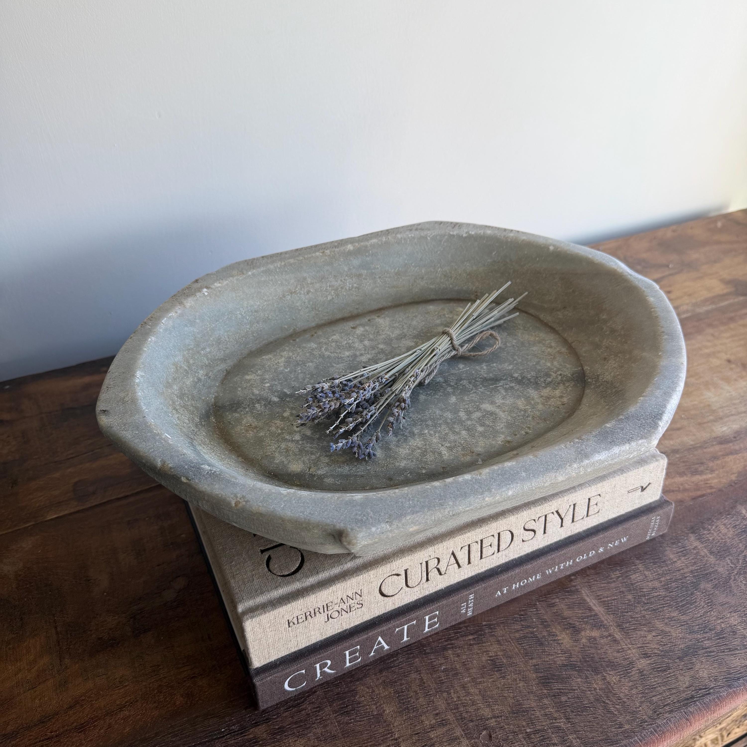Vintage Marble Kharal Stone Tray, Antique Limestone Carved Oval Tray, Primitive Marble Centerpiece - Project Kalaā