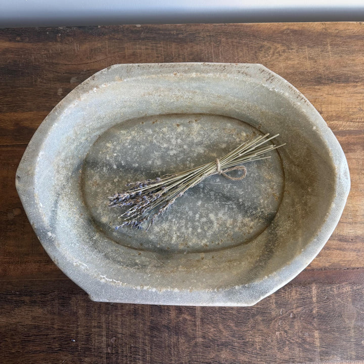 Vintage Marble Kharal Stone Tray, Antique Limestone Carved Oval Tray, Primitive Marble Centerpiece - Project Kalaā