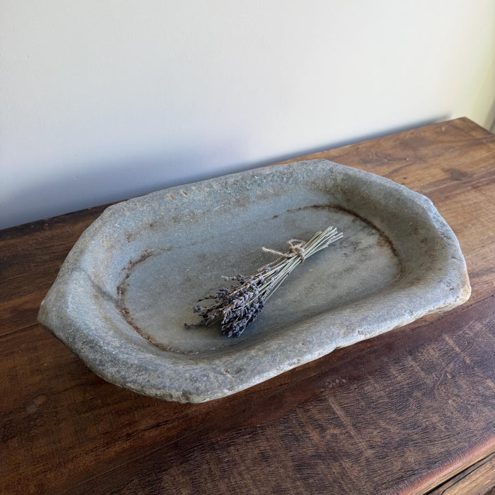 Vintage Marble Kharal Stone Tray, Antique Limestone Carved Oval Tray, Primitive Marble Centerpiece - Project Kalaā