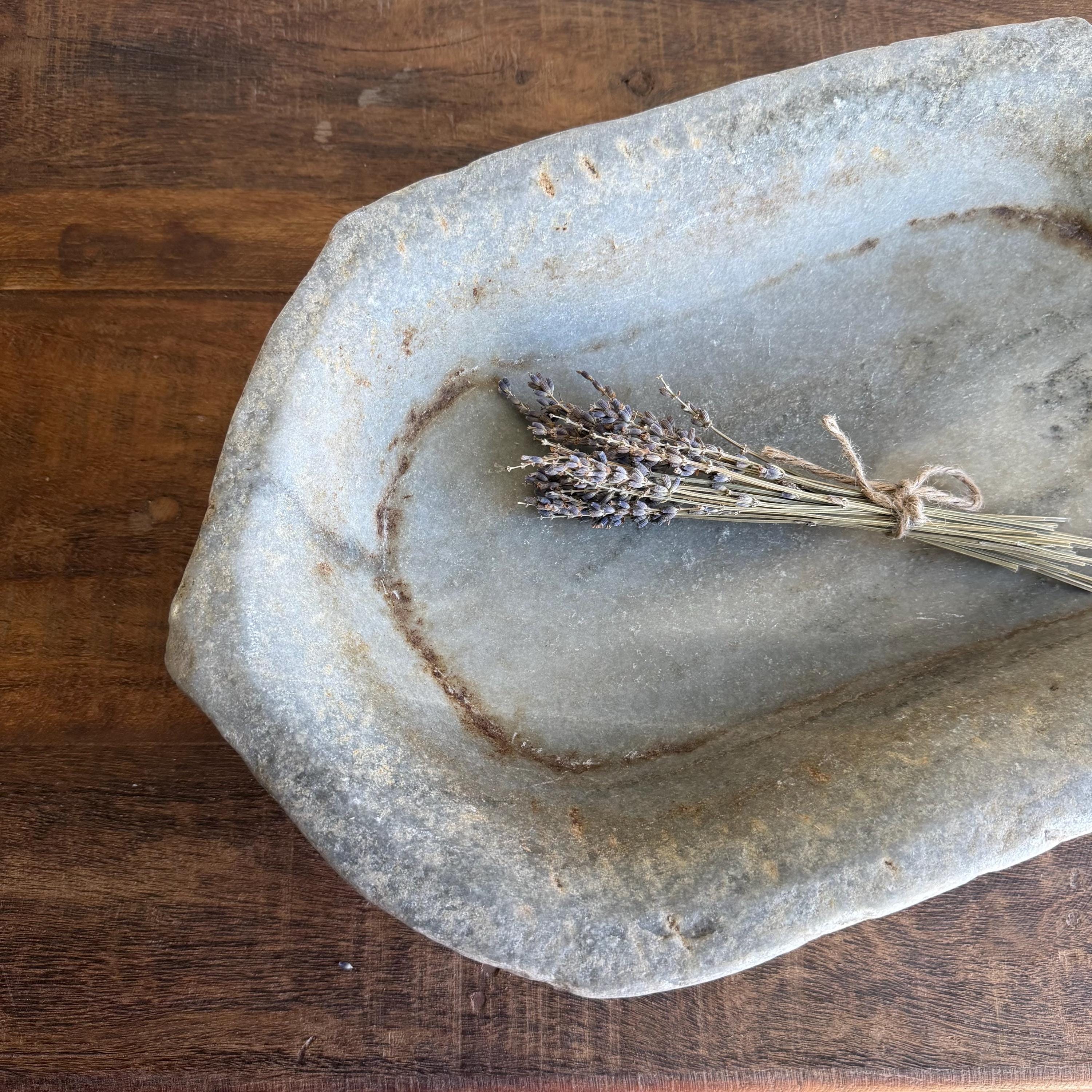 Vintage Marble Kharal Stone Tray, Antique Limestone Carved Oval Tray, Primitive Marble Centerpiece - Project Kalaā