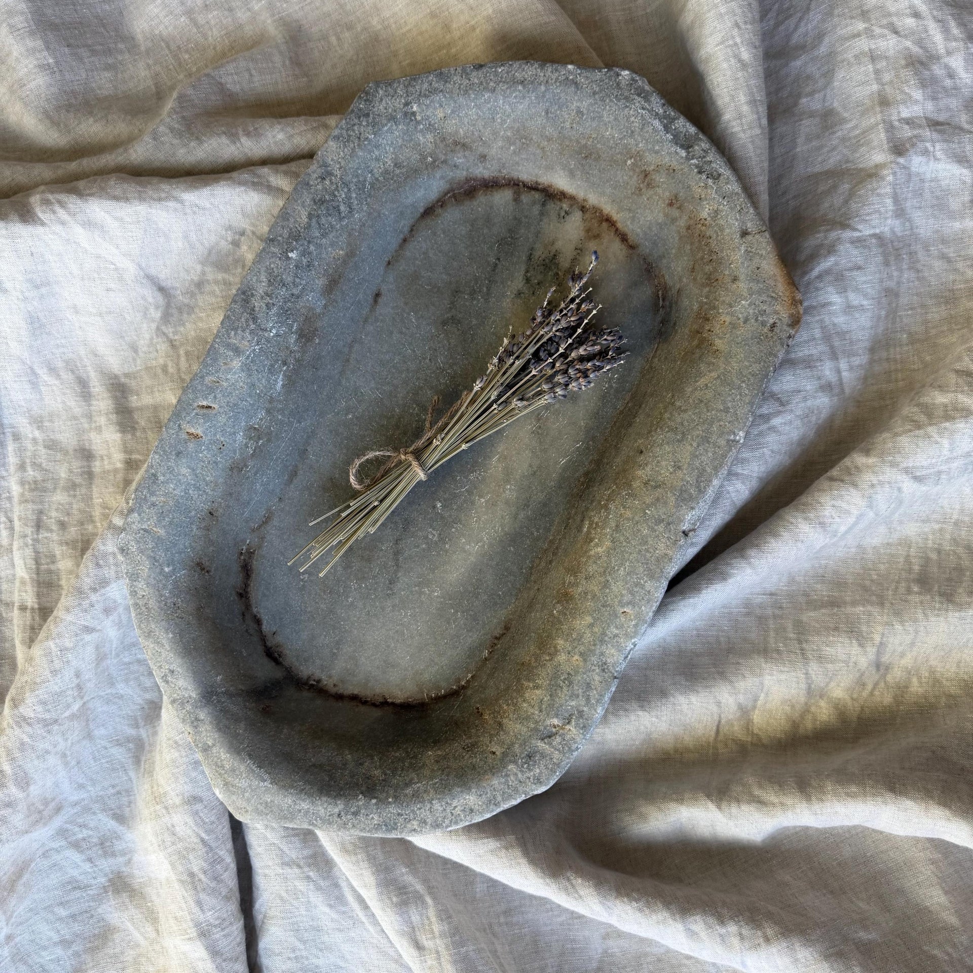 Vintage Marble Kharal Stone Tray, Antique Limestone Carved Oval Tray, Primitive Marble Centerpiece - Project Kalaā