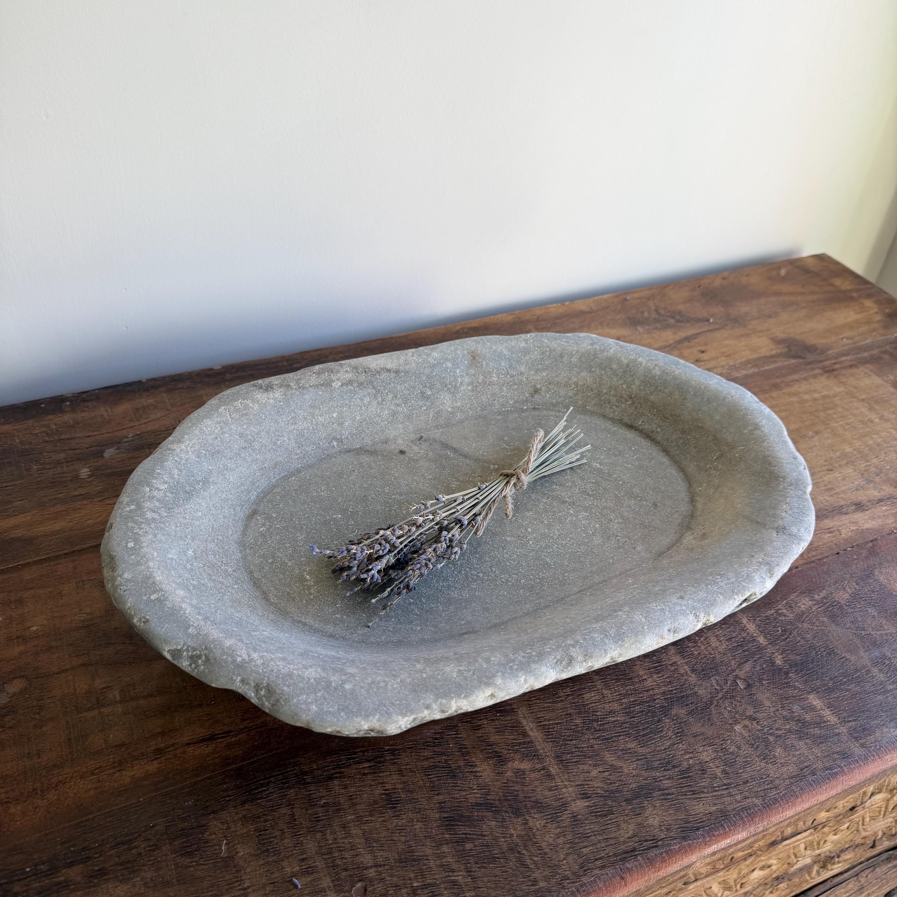 Vintage Marble Kharal Stone Tray, Antique Limestone Carved Oval Tray, Primitive Marble Centerpiece - Project Kalaā