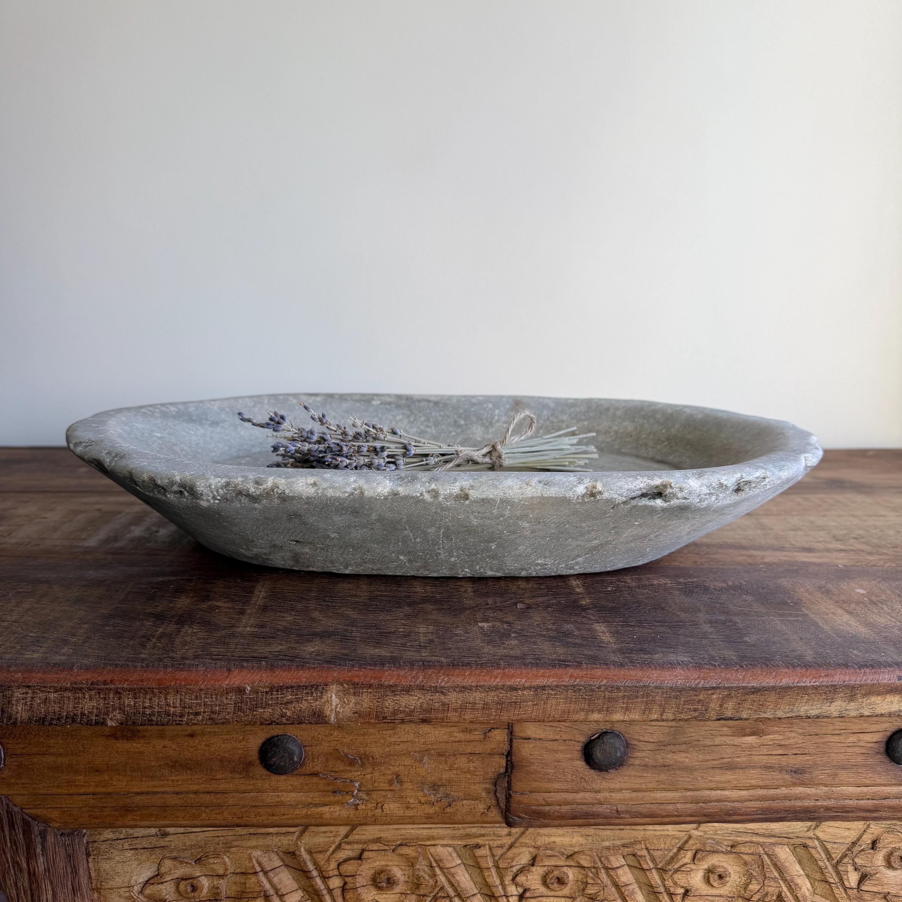 Vintage Marble Kharal Stone Tray, Antique Limestone Carved Oval Tray, Primitive Marble Centerpiece - Project Kalaā