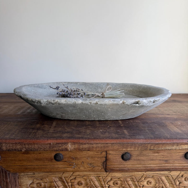 Vintage Marble Kharal Stone Tray, Antique Limestone Carved Oval Tray, Primitive Marble Centerpiece - Project Kalaā