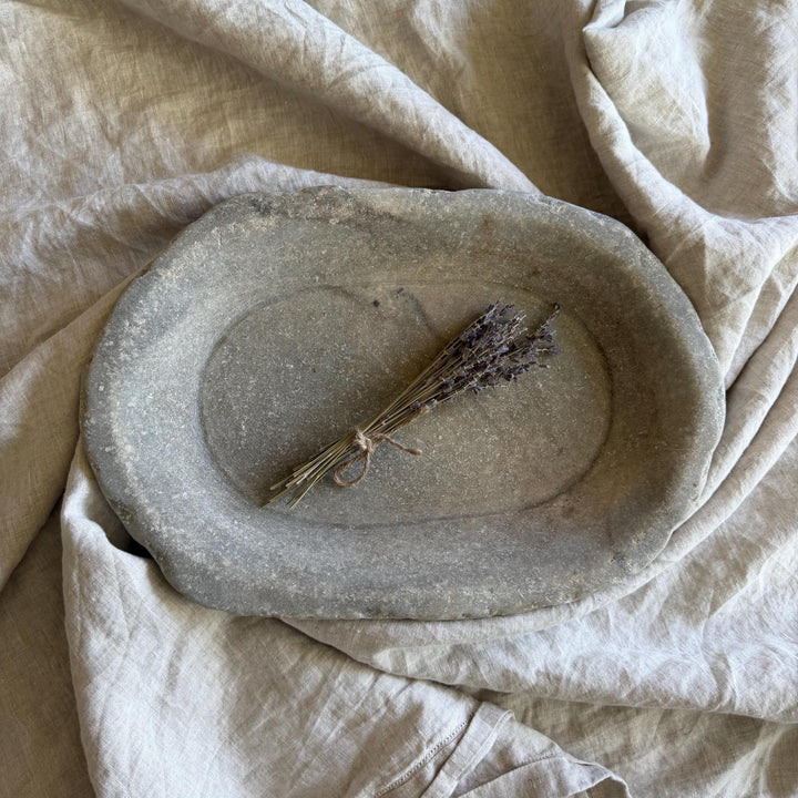 Vintage Marble Kharal Stone Tray, Antique Limestone Carved Oval Tray, Primitive Marble Centerpiece - Project Kalaā
