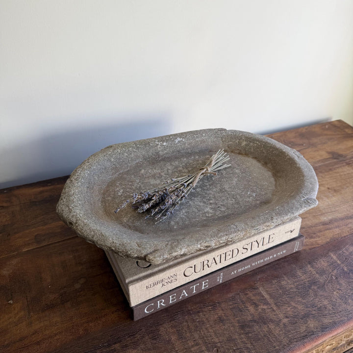 Vintage Marble Kharal Stone Tray, Antique Limestone Carved Oval Tray, Primitive Marble Centerpiece - Project Kalaā