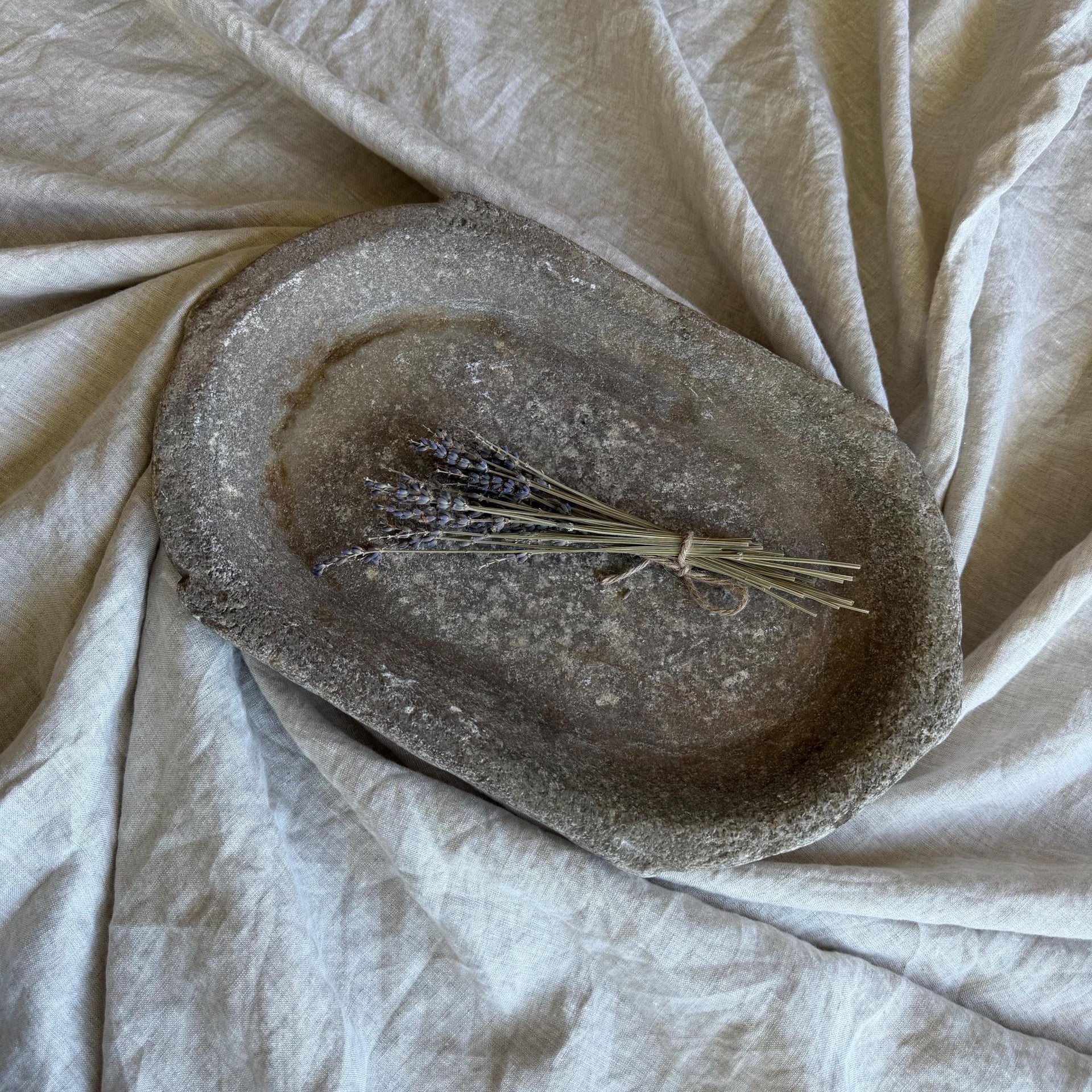 Vintage Marble Kharal Stone Tray, Antique Limestone Carved Oval Tray, Primitive Marble Centerpiece - Project Kalaā