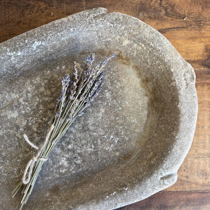 Vintage Marble Kharal Stone Tray, Antique Limestone Carved Oval Tray, Primitive Marble Centerpiece - Project Kalaā