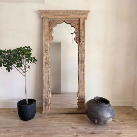 Vintage Bleached Jharokha Arc Floor Mirror | Full Length Standing Wall Mirror