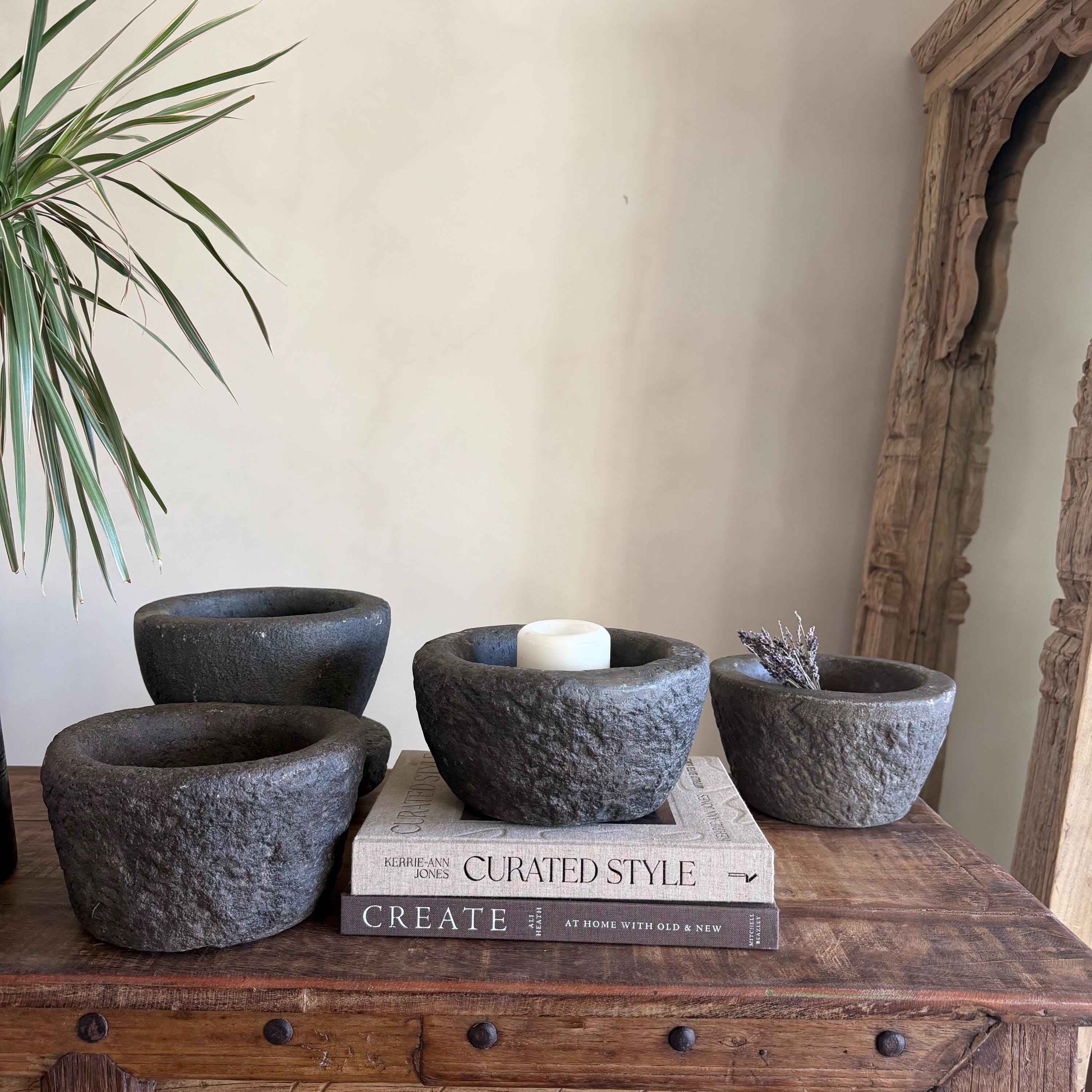 Antique Heavy Stone Mortar Planter | Vintage Hand-Carved Limestone Bowl