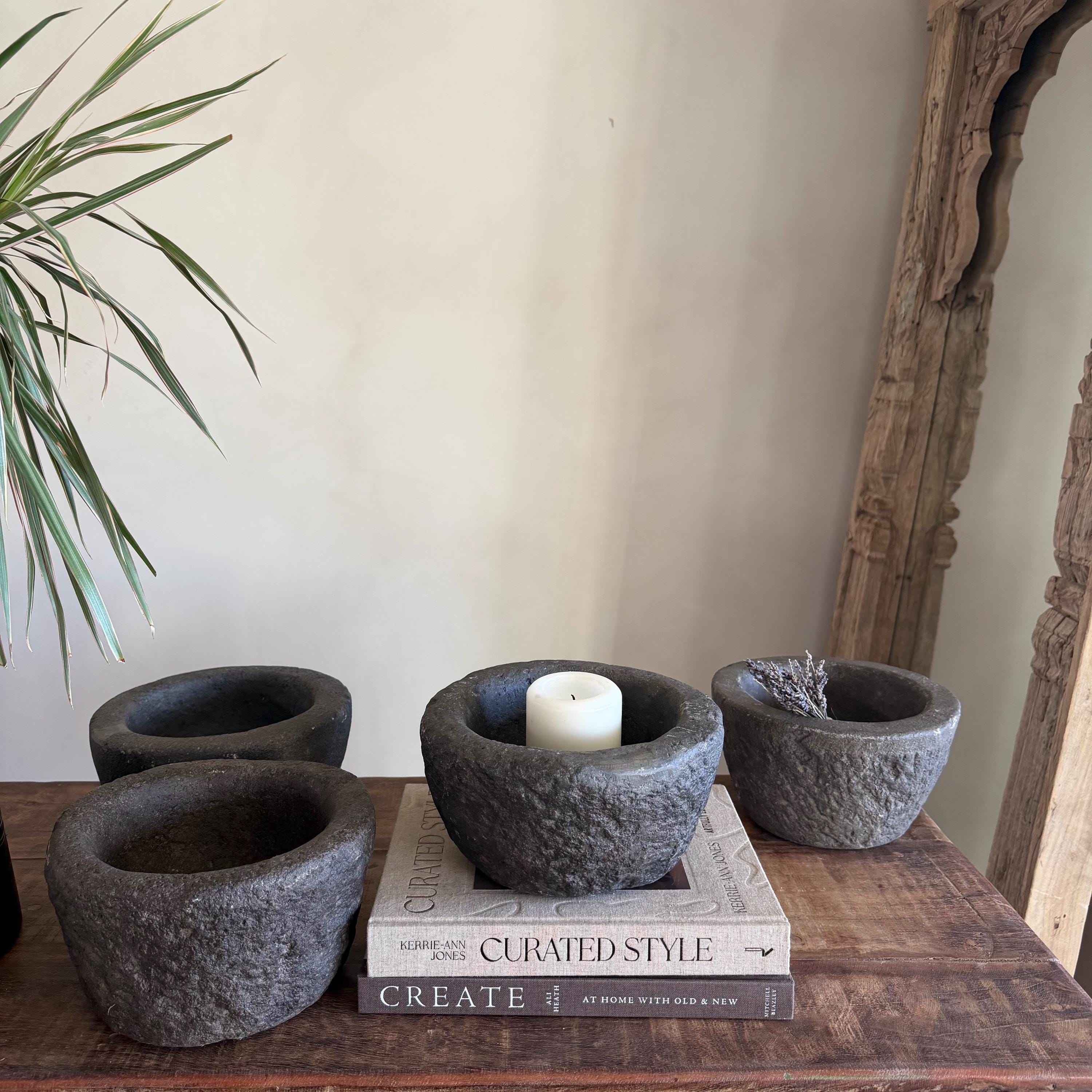 Antique Heavy Stone Mortar Planter | Vintage Hand-Carved Limestone Bowl