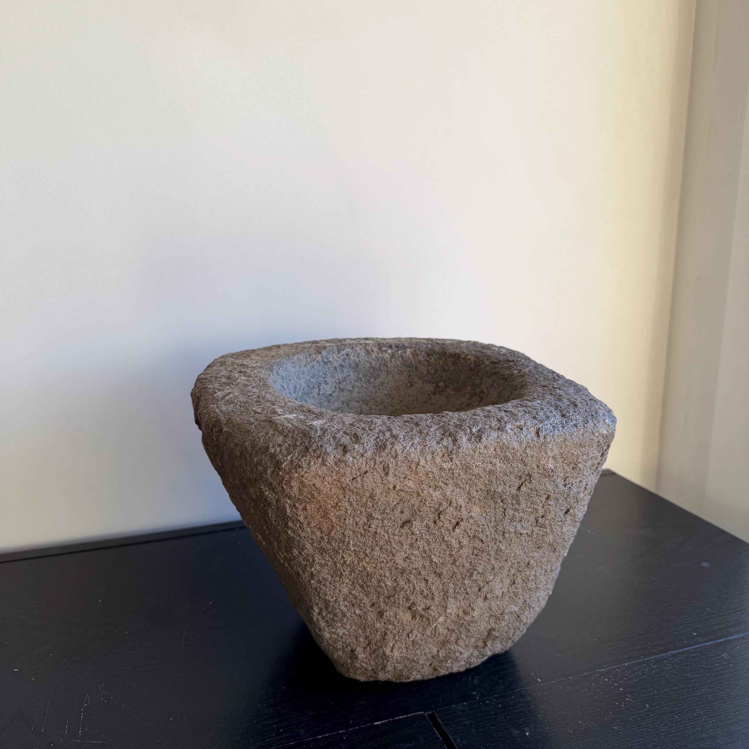 Antique Heavy Stone Mortar Planter | Vintage Hand-Carved Limestone Bowl