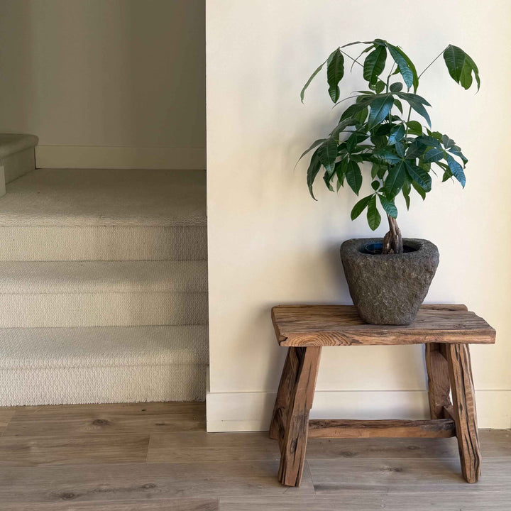Antique Heavy Stone Mortar Planter | Vintage Hand-Carved Limestone Bowl