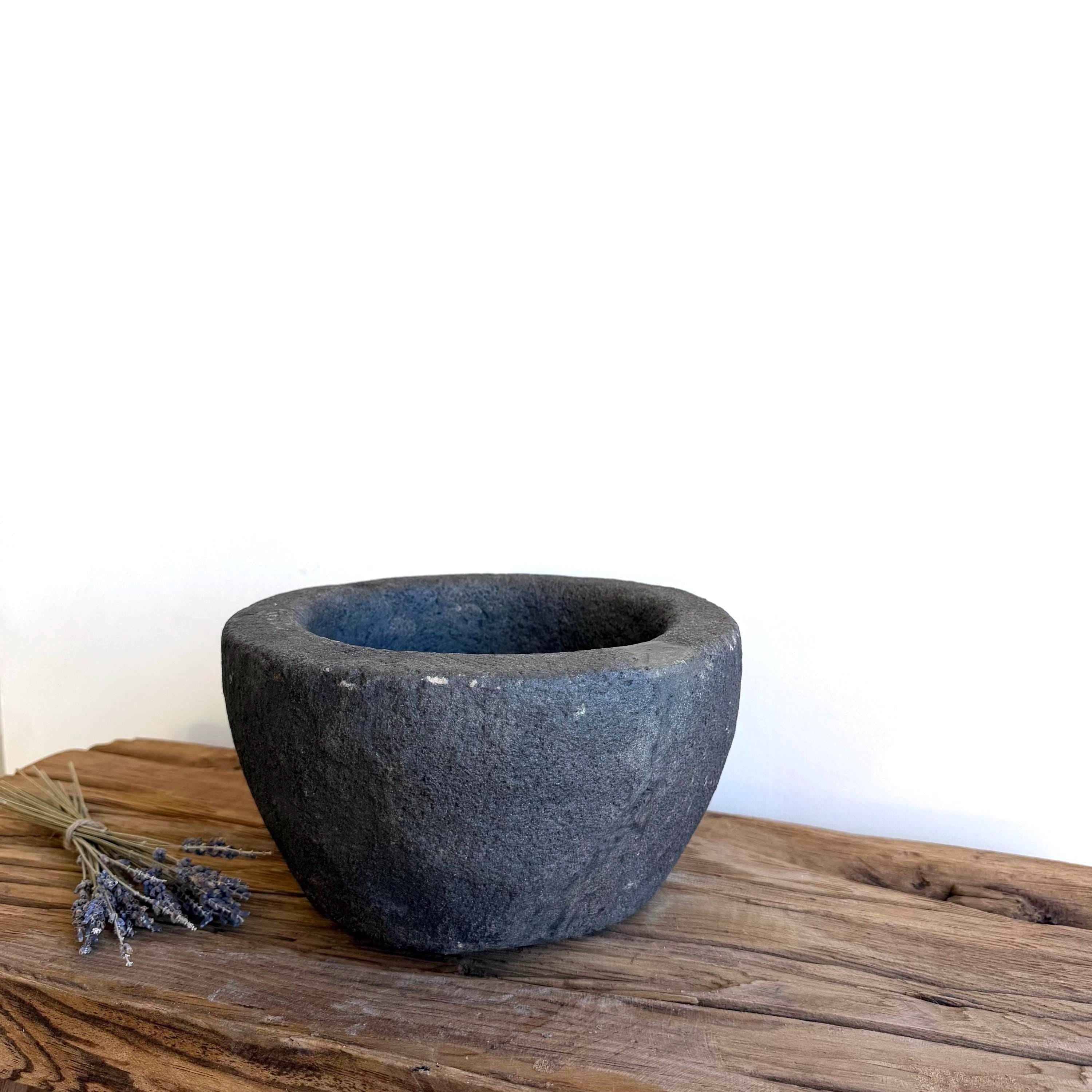 Antique Heavy Stone Mortar Planter | Vintage Hand-Carved Limestone Bowl